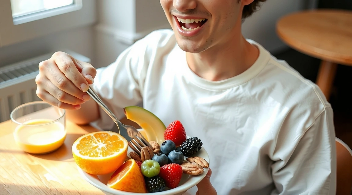 Άνθρωπος που απολαμβάνει υγιεινό πρωινό